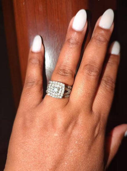 3,0 ct. Diamant Braut-Set mit doppeltem Kissenschliff-Halo, dreiteilig, 10K Weißgold oder Gelbgold