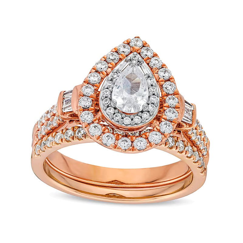 1.0 CT. Gesamtgewicht Braut-Set mit tropfenförmigen Diamanten und doppelter Reihe in 10K Roségold
