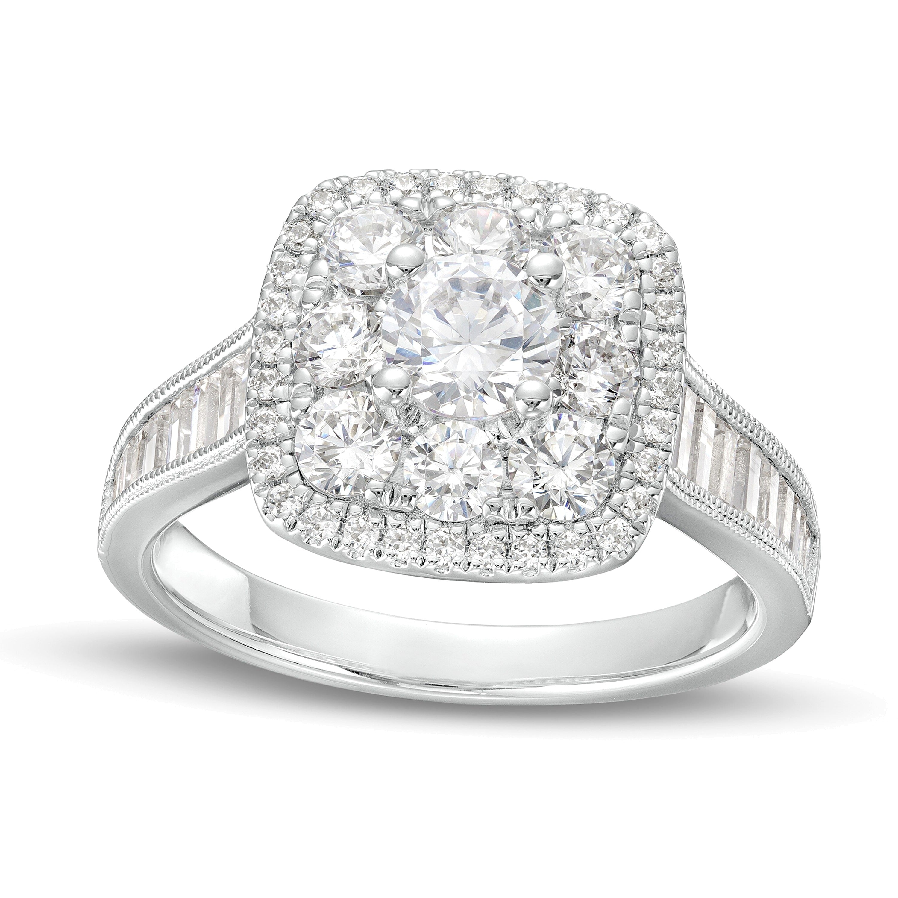 1,75 ct. Gesamtgewicht Diamant Halo-Verlobungsring mit doppeltem Kissenschliff-Rahmen im Vintage-Stil in 14K Weißgold (I/I1)
