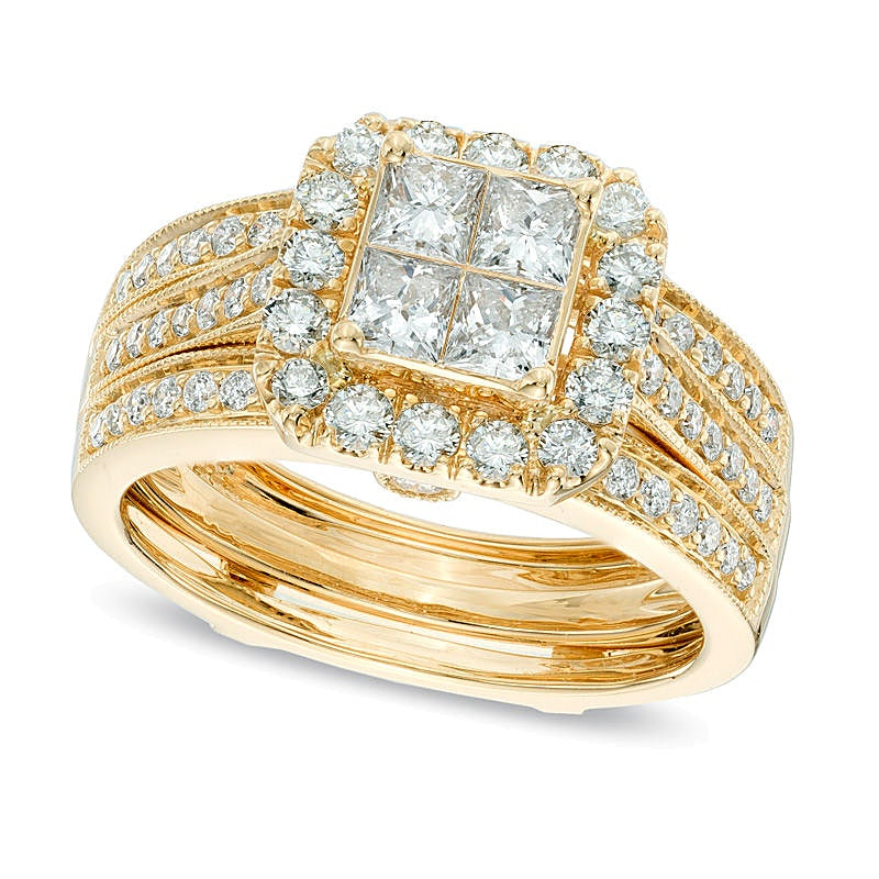1,5 ct. Gesamtgewicht Braut-Set mit weißen Diamanten in Princess- und Rundschliff in 14K Gelbgold