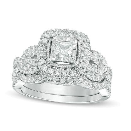 1.5 CT. Gesamtgewicht Diamant Brautset im Vintage-Stil mit Princess-Schliff und Twist in 14K Weißgold