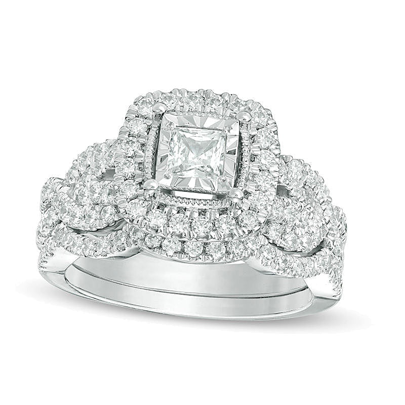 1.5 CT. Gesamtgewicht Diamant Brautset im Vintage-Stil mit Princess-Schliff und Twist in 14K Weißgold