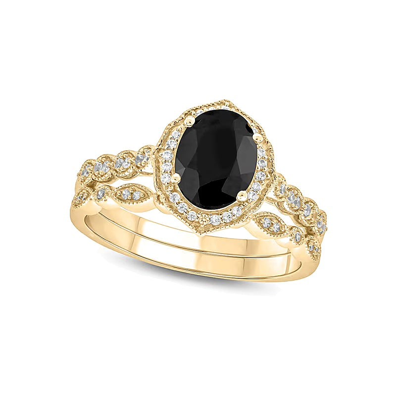 Braut-Set mit ovalem schwarzem Saphir und 0,2 ct. Gesamtgewicht Diamanten im Vierpass-Rahmen im Art-Déco-Vintage-Stil in 10K Gelbgold