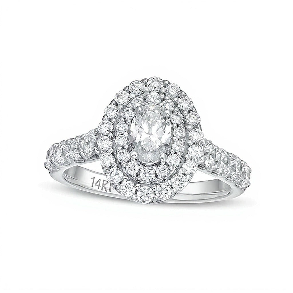 1.5 CT. Gesamtgewicht Verlobungsring mit ovalem Labordiamant und Doppel-Halo in 14K Weißgold (F/VS2)