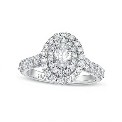 1.5 CT. Gesamtgewicht Verlobungsring mit ovalem Labordiamant und Doppel-Halo in 14K Weißgold (F/VS2)