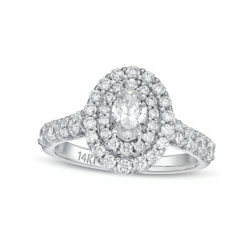 1.5 CT. Gesamtgewicht Verlobungsring mit ovalem Labordiamant und Doppel-Halo in 14K Weißgold (F/VS2)
