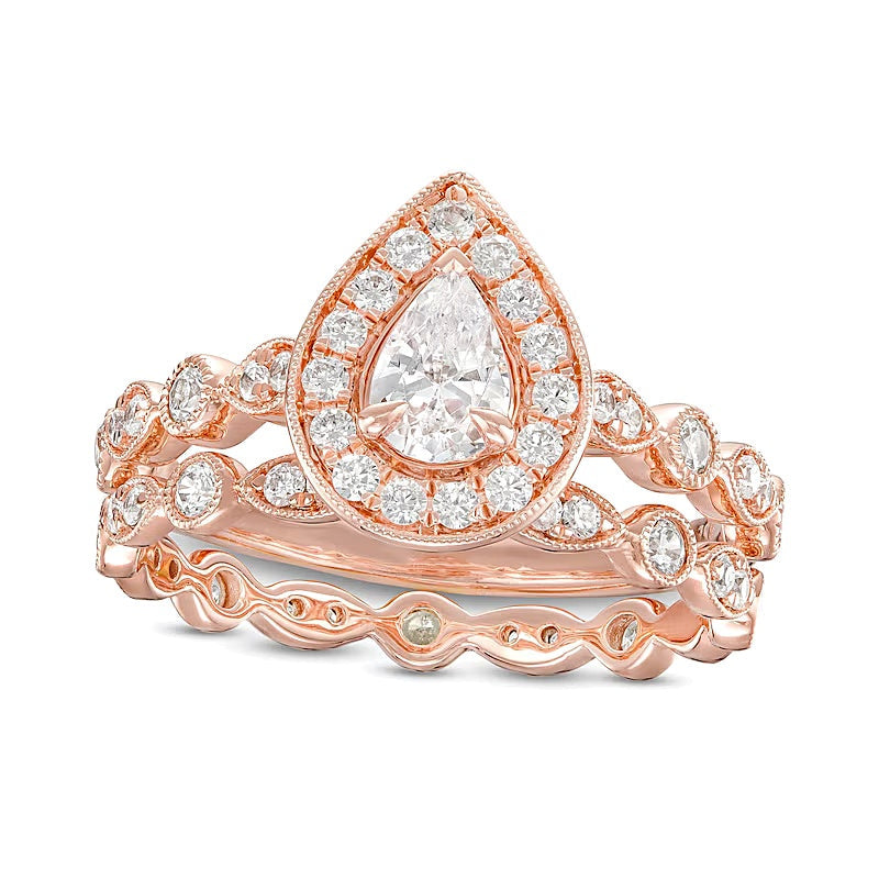 1.0 ct. Gesamtgewicht Brautset mit tropfenförmigem und rundem weißem Diamant in 14K Roségold