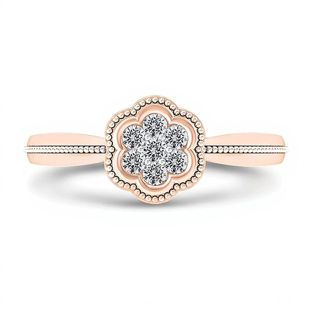 0.1 ct. Gesamtgewicht Multi-Diamant Ring mit floralem Rahmen im Vintage-Stil in 10K Roségold