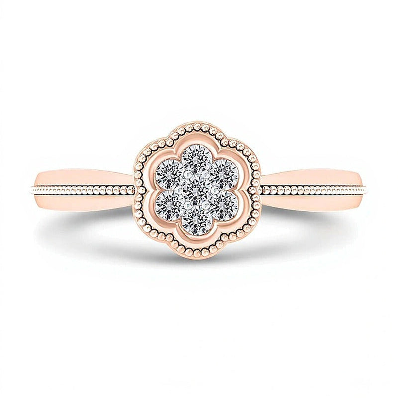 0.1 ct. Gesamtgewicht Multi-Diamant Ring mit floralem Rahmen im Vintage-Stil in 10K Roségold
