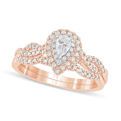 0,5 ct. Gesamtgewicht Brautset mit tropfenförmigen Diamanten, mehrreihig mit doppeltem Rahmen, in 10K Roségold
