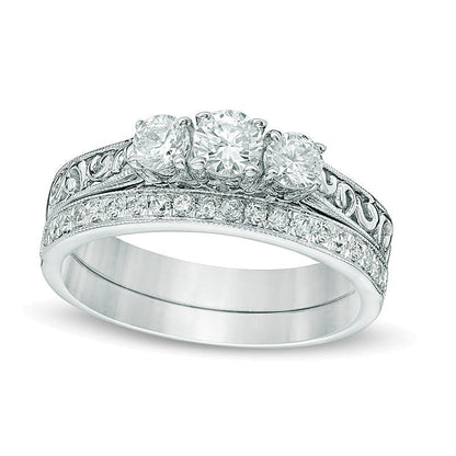 0.75 ct. Gesamtgewicht Diamant Dreistein Braut-Set im Vintage-Stil in 10K Weißgold
