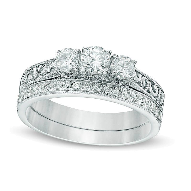 0.75 ct. Gesamtgewicht Diamant Dreistein Braut-Set im Vintage-Stil in 10K Weißgold