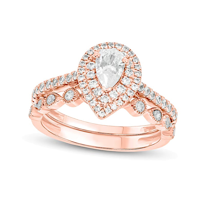 1.0 ct. Gesamtgewicht Brautset mit tropfenförmigen und runden Diamanten im Vintage-Stil mit doppeltem Rahmen in 10K Roségold (I/I2)
