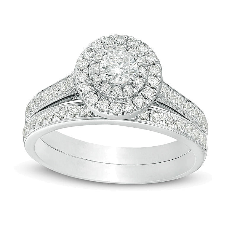 1.0 CT. Gesamtgewicht Diamant-Brautset mit doppeltem Halo in 10K Weißgold