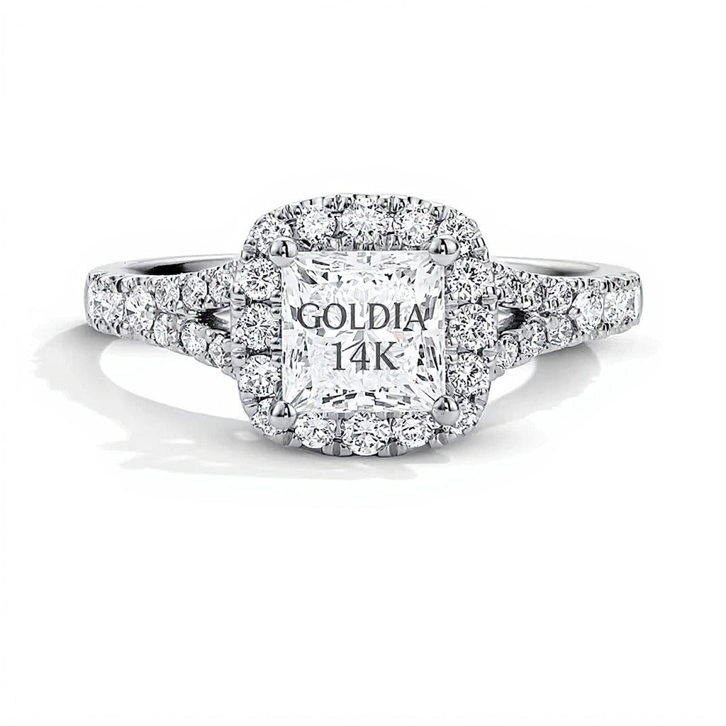 1.5 ct. Gesamtgewicht Labordiamant-Verlobungsring im Princess-Schliff mit Halo in 14K Weißgold (F/VS2)