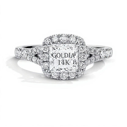 1.5 ct. Gesamtgewicht Labordiamant-Verlobungsring im Princess-Schliff mit Halo in 14K Weißgold (F/VS2)