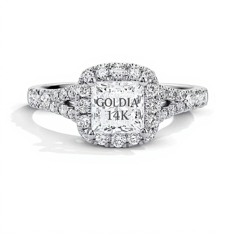 1.5 ct. Gesamtgewicht Labordiamant-Verlobungsring im Princess-Schliff mit Halo in 14K Weißgold (F/VS2)
