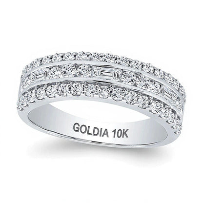 Ring mit Baguette- und runden Diamanten, dreireihig, 1.0 ct. Gesamtgewicht, in 10K Weißgold
