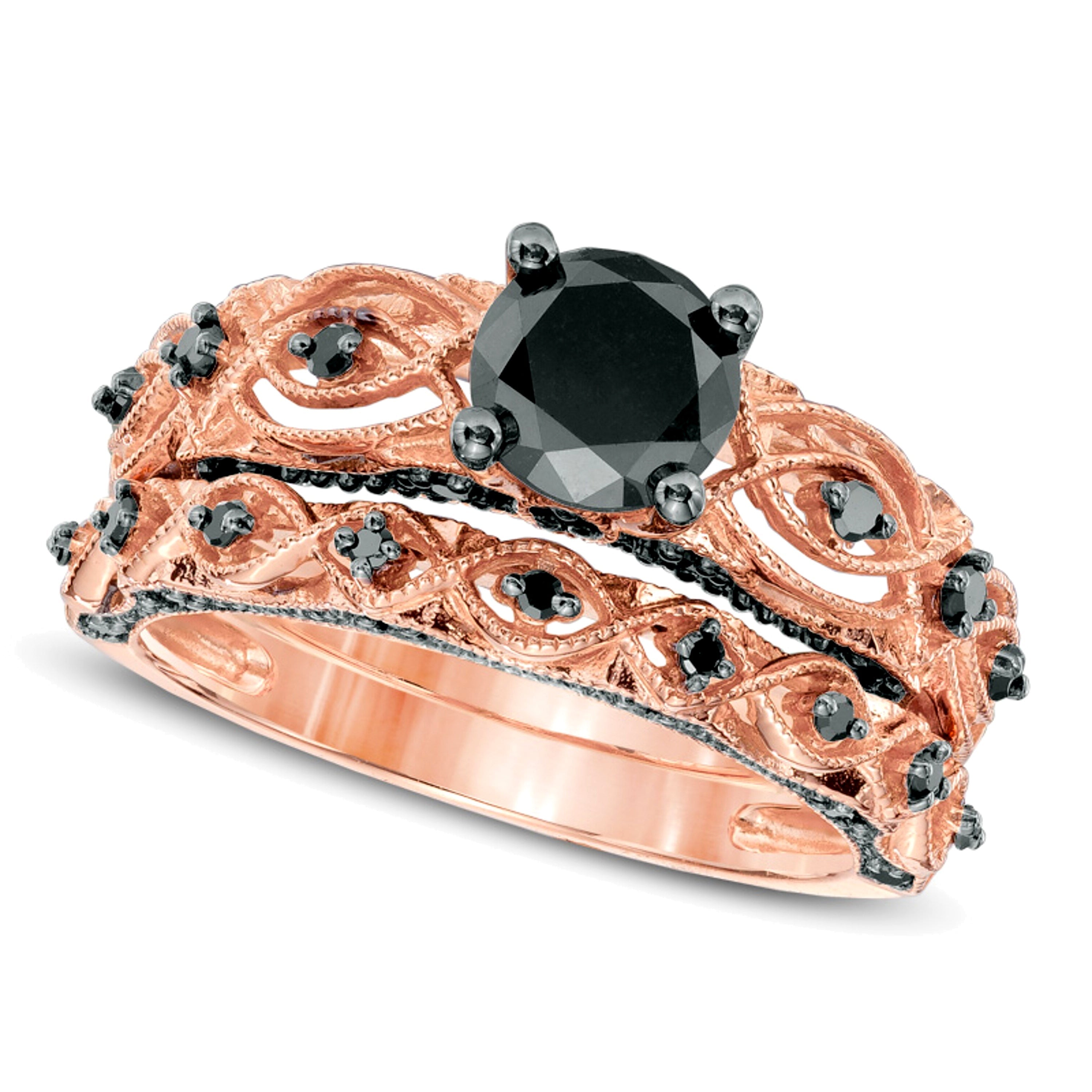 1,38 ct. Gesamtgewicht schwarzer Diamant Brautset im Vintage-Stil in 10K Roségold