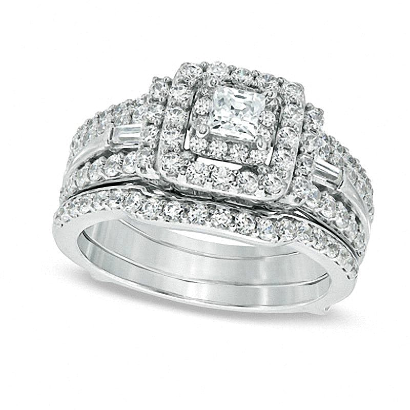 1,5 ct. Gesamtgewicht Diamant-Brautset im Princess- und Baguette-Schliff in 14K Weißgold
