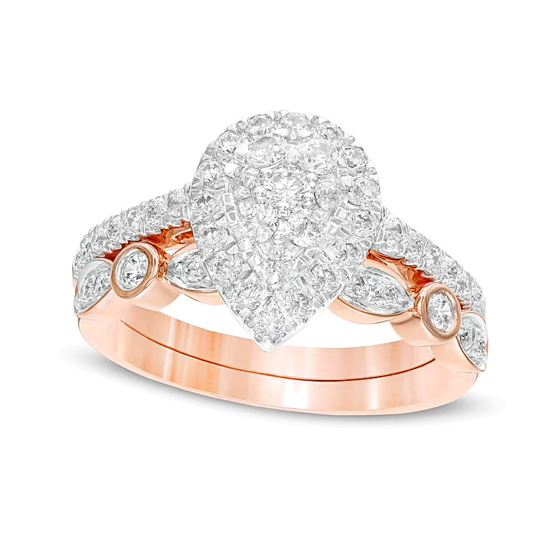 1.0 ct. Gesamtgewicht Komposit tropfenförmiger Diamant Art-Déco Brautset in 10K Roségold
