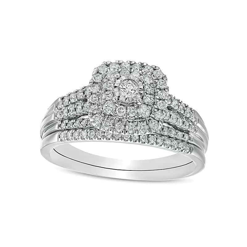 Brautset mit Diamanten im runden und Kissenschliff, mehrreihig, 0,5 ct. Gesamtgewicht, in 10K Weißgold