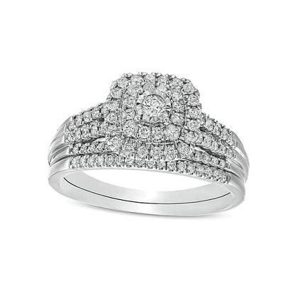 Brautset mit Diamanten im runden und Kissenschliff, mehrreihig, 0,5 ct. Gesamtgewicht, in 10K Weißgold