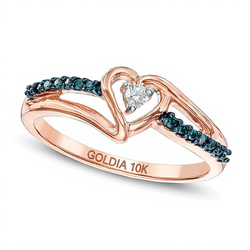 0.1 CT. Gesamtgewicht Freundschaftsring mit behandelten blauen und weißen Diamanten in Herzform aus 10K Roségold