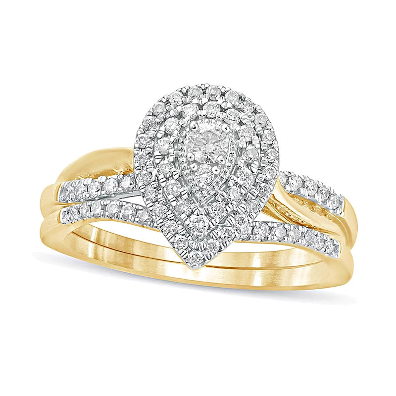 Braut-Set mit Komposit-Diamanten im Tropfen-Rahmen 0,38 ct. Gesamtgewicht in 10K Gelbgold
