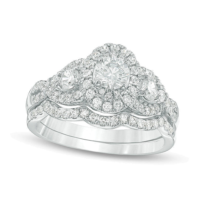 1.17 ct. Gesamtgewicht Diamant Dreistein Braut-Set mit ovalem Halo und gedrehter Schiene in 14K Weißgold