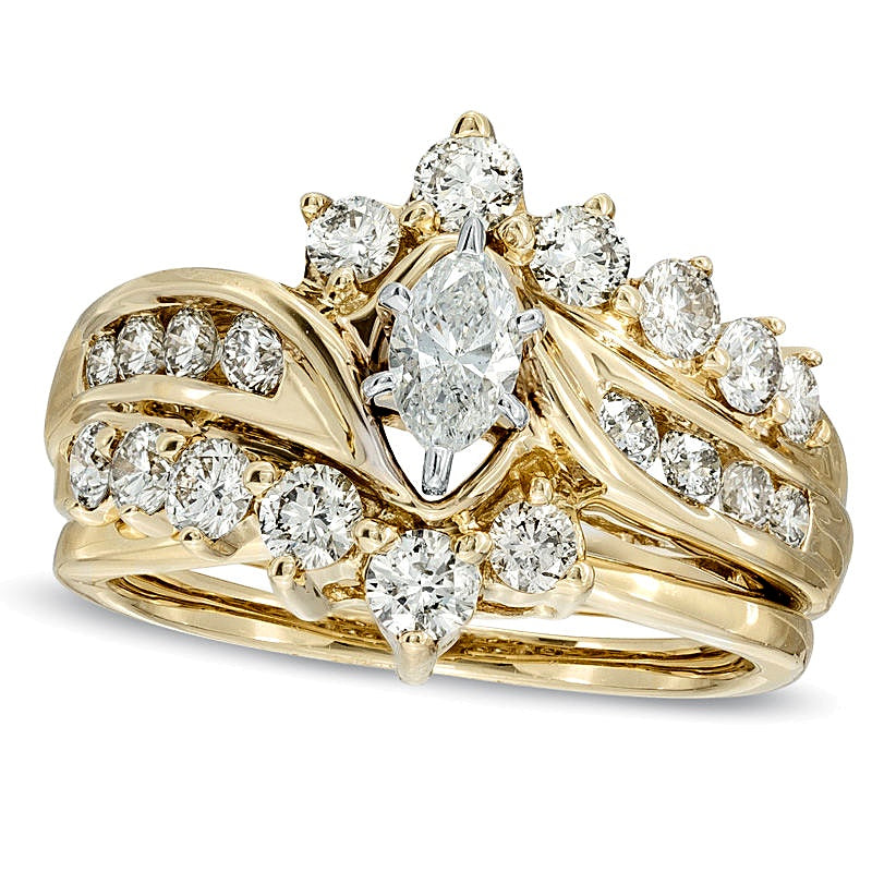 1,5 ct. Gesamtgewicht Diamant-Brautset mit Marquise- und rundem Schliff in 14K Gelbgold