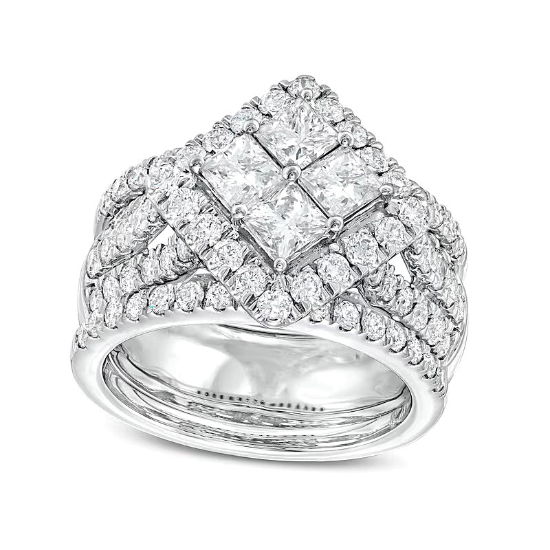 Braut-Set 3.0 ct. Gesamtgewicht mit Princess-Diamanten in quadratischem Rahmen, Dreiteilig, 14K Weißgold