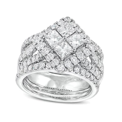 Braut-Set 3.0 ct. Gesamtgewicht mit Princess-Diamanten in quadratischem Rahmen, Dreiteilig, 14K Weißgold