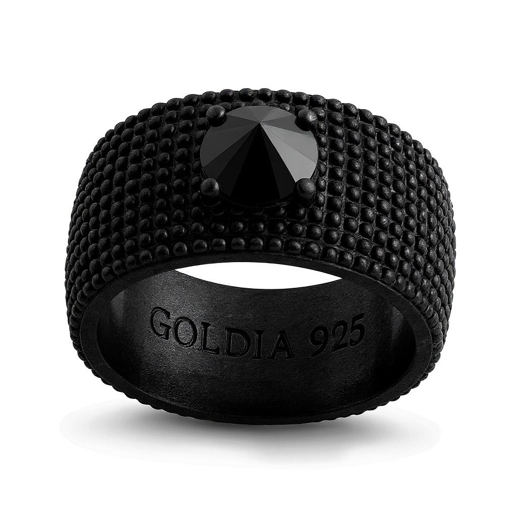 Fashion-Ring mit rundem schwarzen Spinell in oxidiertem, rhodiniertem Sterlingsilber