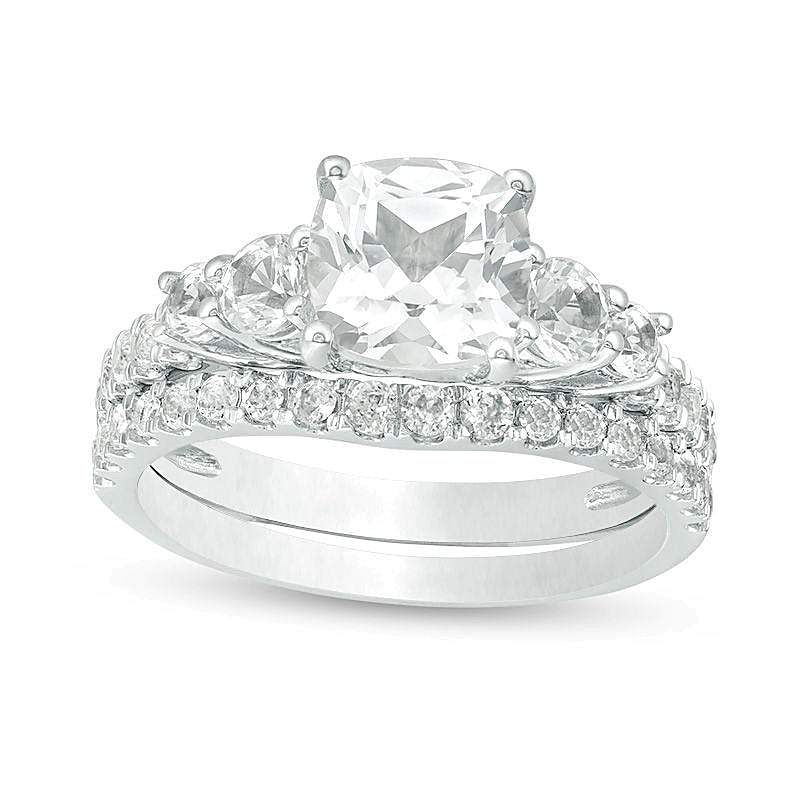 Braut-Set mit weißem Saphir im Kissenschliff 7,0mm (Labor) in rhodiniertem Sterlingsilber
