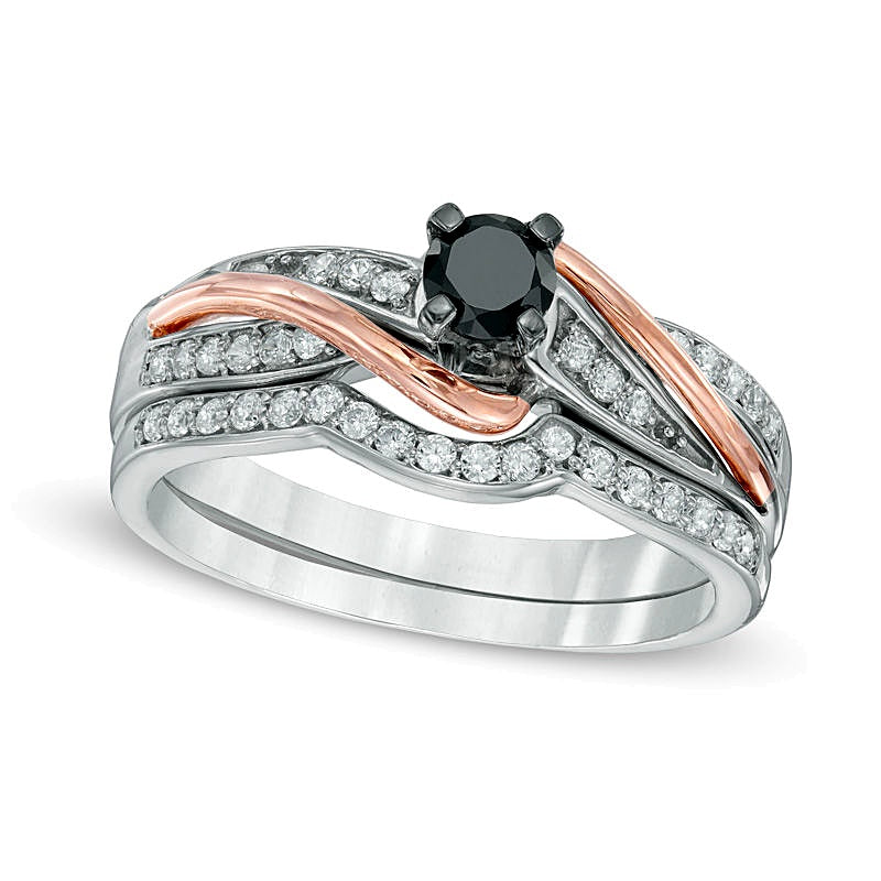 0,5 ct. Gesamtgewicht behandelter schwarzer und weißer Diamant Brautset in Sterlingsilber und 10K Roségold