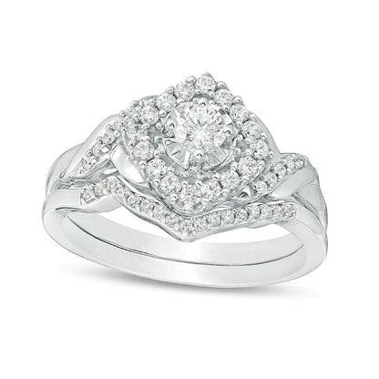 0,5 ct. Gesamtgewicht Diamant-Brautset mit gedrehtem, geneigtem Quadrat-Rahmen in rhodiniertem Sterlingsilber