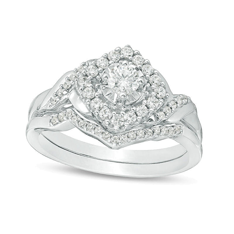 0,5 ct. Gesamtgewicht Diamant-Brautset mit gedrehtem, geneigtem Quadrat-Rahmen in rhodiniertem Sterlingsilber