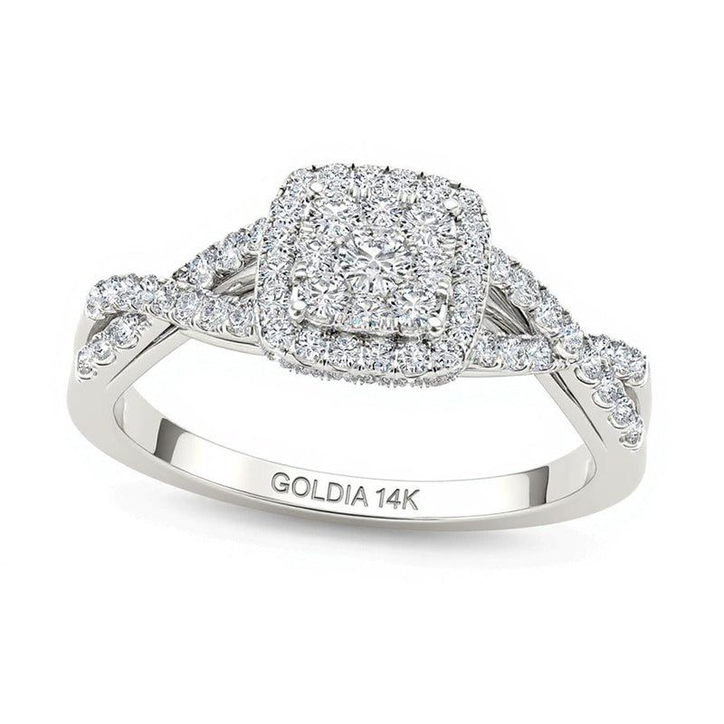 0,5 ct. Gesamtgewicht Multi-Diamant Verlobungsring mit quadratischem Rahmen und gedrehtem Ring in 14K Weißgold