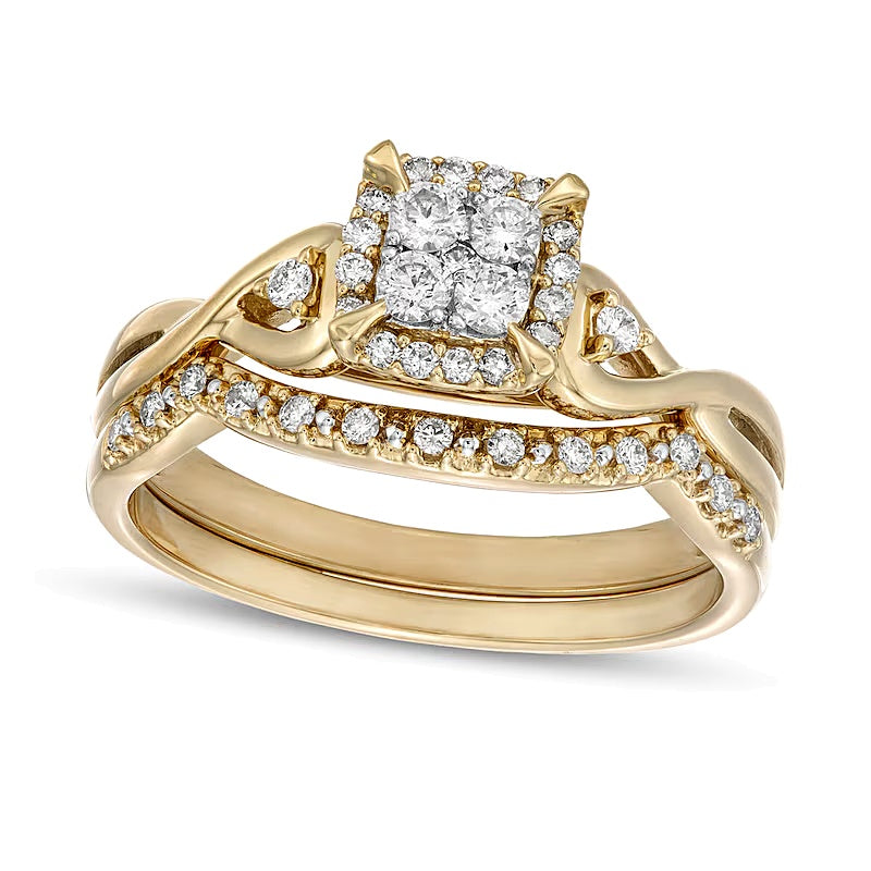 0.33 ct. Gesamtgewicht Diamant Brautset mit kissenförmigem Halo und gedrehter Ringschiene in 10K Gelbgold