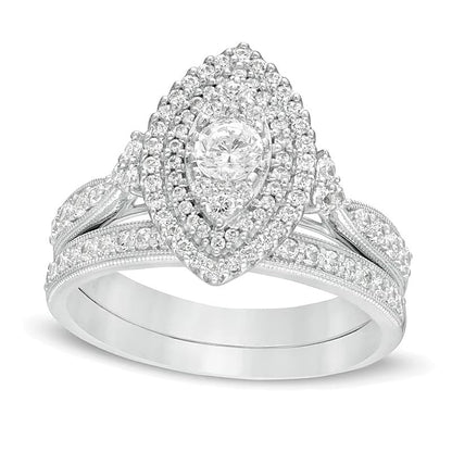 1.0 ct. Gesamtgewicht Diamant Brautset mit doppeltem Marquise-Rahmen im Vintage-Stil in 10K Weißgold