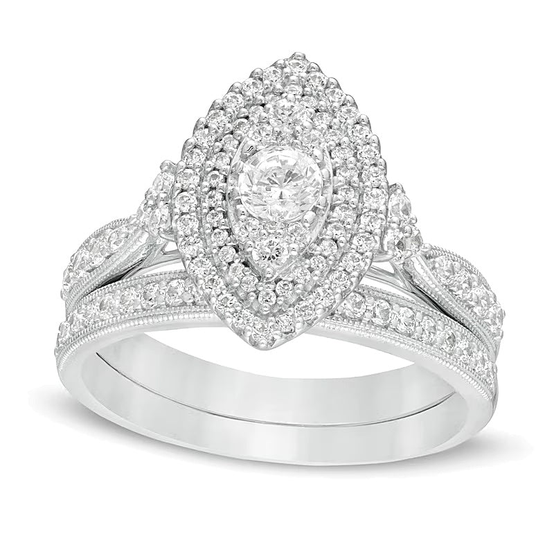 1.0 ct. Gesamtgewicht Diamant Brautset mit doppeltem Marquise-Rahmen im Vintage-Stil in 10K Weißgold