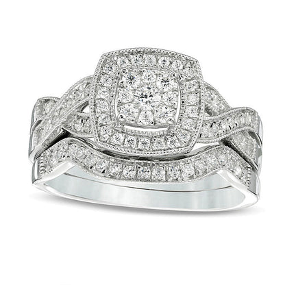 Braut-Set mit Diamanten im Kissenschliff und rund im Vintage-Stil, 0.5 ct. Gesamtgewicht, in 10K Weißgold