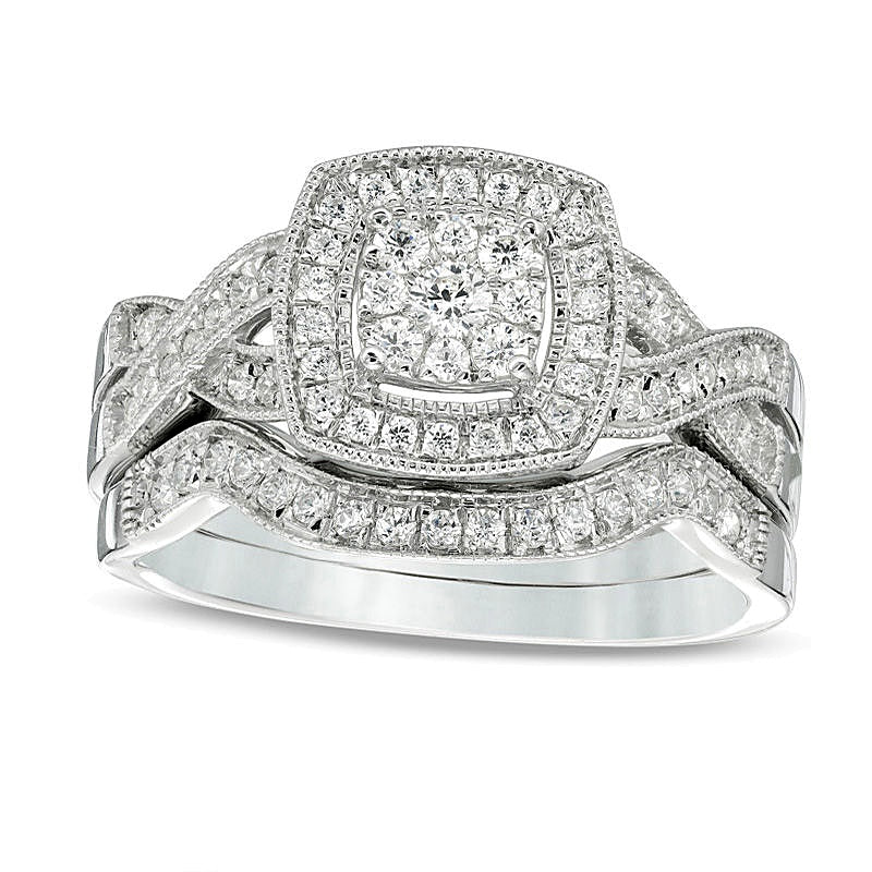 Braut-Set mit Diamanten im Kissenschliff und rund im Vintage-Stil, 0.5 ct. Gesamtgewicht, in 10K Weißgold