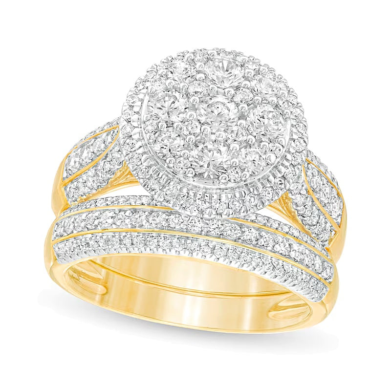 Braut-Set mit weißen Diamanten im Rundschliff, mehrreihig, 1.5 ct. Gesamtgewicht, in 10K Gelbgold