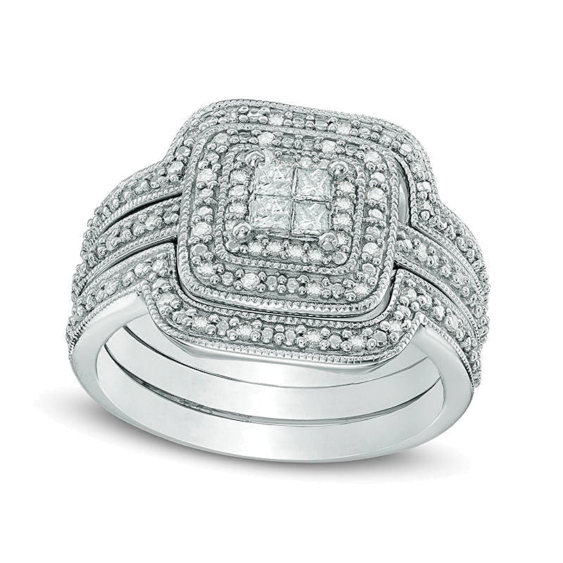 0.33 ct. Gesamtgewicht Brautset mit Princess-Diamanten im Vintage-Stil und mehrlagigem Rahmen aus rhodiniertem Sterlingsilber