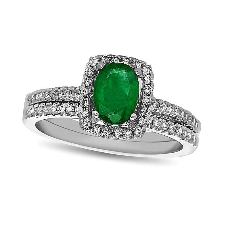 Braut-Set mit ovalem Smaragd und Diamanten von 0,33 ct. Gesamtgewicht in 14K Weißgold