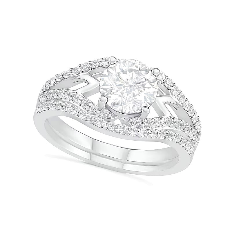 7,0mm Braut-Set mit weißem Labor-Saphir in rundem Schliff, Krappenfassung, rhodiniertes Sterlingsilber 925
