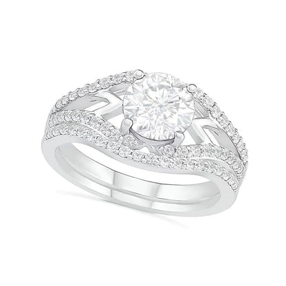 7,0mm Braut-Set mit weißem Labor-Saphir in rundem Schliff, Krappenfassung, rhodiniertes Sterlingsilber 925