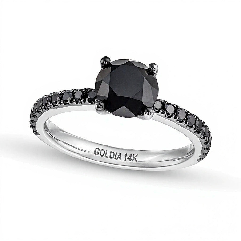 2.38 ct. Gesamtgewicht schwarzer Diamant Solitär mit seitlichem Besatz in 14K Weißgold